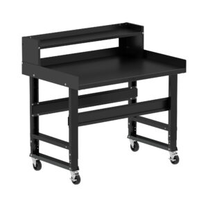 Borroughs Mobile Work bench, Black 48" Wide Rolling Adjustable Height Workbenches with Steel Painted Top with Ledge Shelf, Edge Guards, and Casters