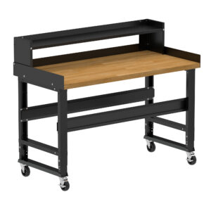 Borroughs Mobile Work Bench, Black 60" Wide Rolling Adjustable Height Workbench with Hardwood Top with Ledge Shelf, Edge Guards, and Casters