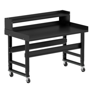 Borroughs Mobile Work Bench, Black 60" Wide Rolling Adjustable Height Workbenches with Steel Painted Top with Ledge Shelf, Edge Guards, and Casters