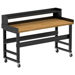 Borroughs Mobile Work Bench, Black 72" Wide Rolling Adjustable Height Workbench with Hardwood Top with Ledge Shelf, Edge Guards, and Casters