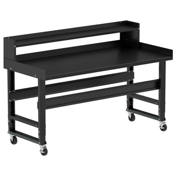 Borroughs Mobile Work Bench, Black 72" Wide Rolling Adjustable Height Workbenches with Steel Painted Top with Ledge Shelf, Edge Guards, and Casters