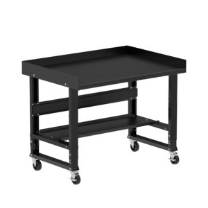 Borroughs Rolling Garage Workbench, Black 48" Wide Rolling Adjustable Height Workbenches with Steel Painted Top with Bottom Shelf, Edge Guards, and Casters