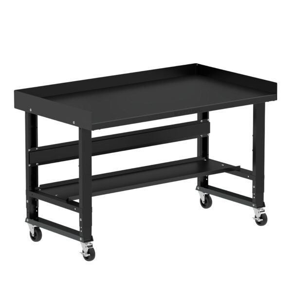 Borroughs Rolling Garage Workbench, Black 60" Wide Rolling Adjustable Height Workbenches with Steel Painted Top with Bottom Shelf, Edge Guards, and Casters