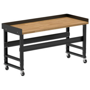 Borroughs Rolling Hardwood Workbench, Black 72" Wide Rolling Adjustable Height Workbench with Hardwood Top with Edge Guards and Casters