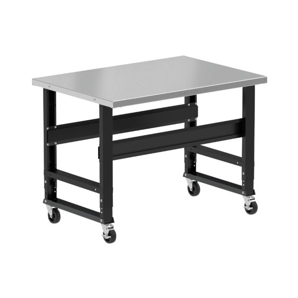Borroughs Rolling Stainless Steel Workbench For Sale, Black 48" Wide Rolling Adjustable Height Workbenches with Stainless Steel Top with Casters