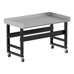 Borroughs Rolling Stainless Steel Workbench For Sale, Black 60" Wide Rolling Adjustable Height Workbenches with Stainless Steel Top with Edge Guards and Casters