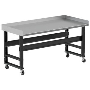 Borroughs Rolling Stainless Steel Workbench For Sale, Black 72" Wide Rolling Adjustable Height Workbenches with Stainless Steel Top with Edge Guards and Casters