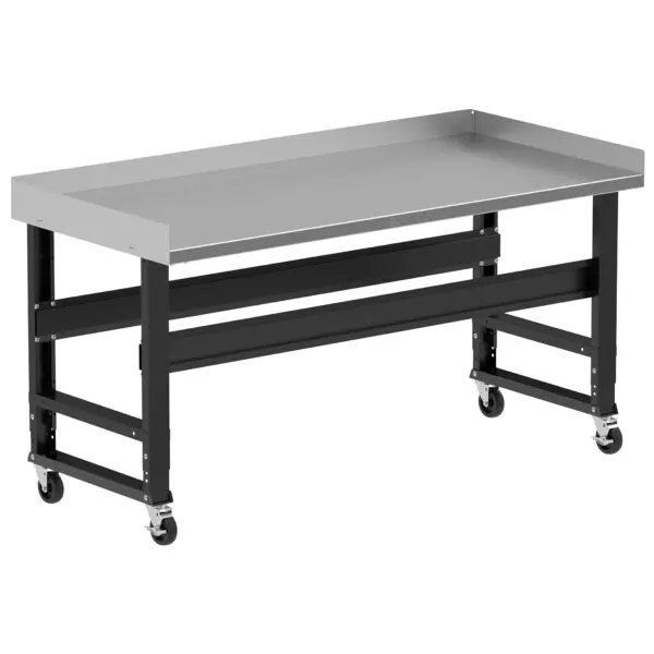 Borroughs Rolling Stainless Steel Workbench For Sale, Black 72" Wide Rolling Adjustable Height Workbenches with Stainless Steel Top with Edge Guards and Casters