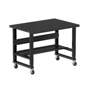 Borroughs Rolling Steel Workbench For Sale, Black 48" Wide Rolling Adjustable Height Workbenches with Steel Painted Top with Bottom Shelf and Casters