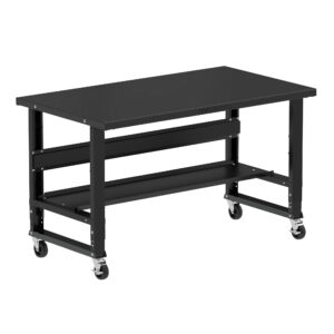 Borroughs Rolling Steel Workbench For Sale, Black 60" Wide Rolling Adjustable Height Workbenches with Steel Painted Top with Bottom Shelf and Casters