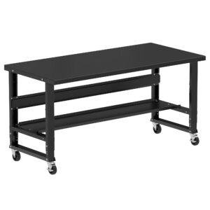Borroughs Rolling Steel Workbench For Sale, Black 72" Wide Rolling Adjustable Height Workbenches with Steel Painted Top with Bottom Shelf and Casters