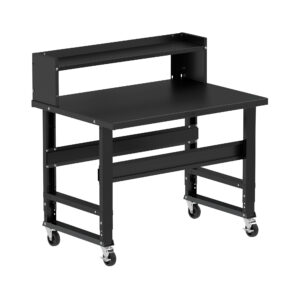 Borroughs Rolling Workbench, Black 48" Wide Rolling Adjustable Height Workbenches with Steel Painted Top with Ledge Shelf and Casters