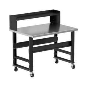Borroughs Rolling Workbench, Black 48" Wide Rolling Adjustable Height Workbenches with Stainless Steel Top with Ledge Shelf and Casters