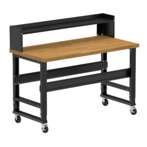 Borroughs Rolling Workbench, Black 60" Wide Rolling Adjustable Height Workbench with Hardwood Top with Ledge Shelf and Casters