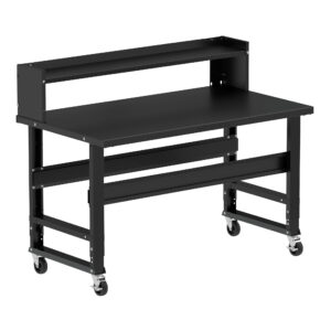 Borroughs Rolling Workbench, Black 60" Wide Rolling Adjustable Height Workbenches with Steel Painted Top with Ledge Shelf and Casters