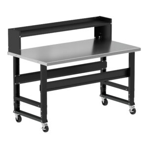 Borroughs Rolling Workbench, Black 60" Wide Rolling Adjustable Height Workbenches with Stainless Steel Top with Ledge Shelf and Casters