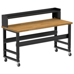 Borroughs Rolling Workbench, Black 72" Wide Rolling Adjustable Height Workbench with Hardwood Top with Ledge Shelf and Casters