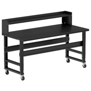 Borroughs Rolling Workbench, Black 72" Wide Rolling Adjustable Height Workbenches with Steel Painted Top with Ledge Shelf and Casters
