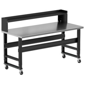 Borroughs Rolling Workbench, Black 72" Wide Rolling Adjustable Height Workbenches with Stainless Steel Top with Ledge Shelf and Casters