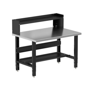 Borroughs Small Workbench, Black 48" Wide Adjustable Height Workbenches with Stainless Steel Top with Bottom and Ledge Shelves