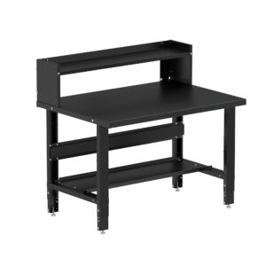 Borroughs Small Workbench For Sale, Black 48" Wide Adjustable Height Workbenches with Steel Painted Top with Bottom and Ledge Shelves