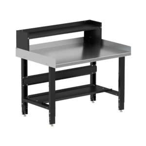 Borroughs Stainless Steel Top Workbench For Sale, Black 48" Wide Adjustable Height Workbenches with Stainless Steel Top with Bottom Shelf, Ledge Shelf, and Edge Guards