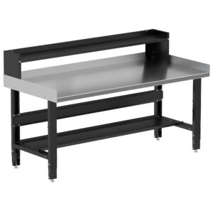 Borroughs Stainless Steel Workbench For Sale, Black 72" Wide Adjustable Height Workbenches with Stainless Steel Top with Bottom Shelf, Ledge Shelf, and Edge Guards