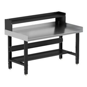 Borroughs Steel Work Bench For Sale, Black 60" Wide Adjustable Height Workbenches with Stainless Steel Top with Bottom Shelf, Ledge Shelf, and Edge Guards
