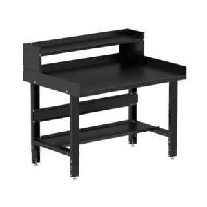 Borroughs Steel Work Bench For Sale, Black 48" Wide Adjustable Height Workbenches with Steel Painted Top with Bottom Shelf, Ledge Shelf, and Edge Guards
