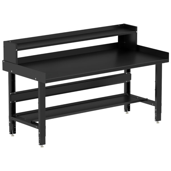 Borroughs Steel Work Bench For Sale, Black 72" Wide Adjustable Height Workbenches with Steel Painted Top with Bottom Shelf, Ledge Shelf, and Edge Guards