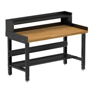 Borroughs Wood Top Workbench, Black 60" Wide Adjustable Height Workbench with Hardwood Top, Bottom Shelf, Ledge Shelf, and Edge Guards