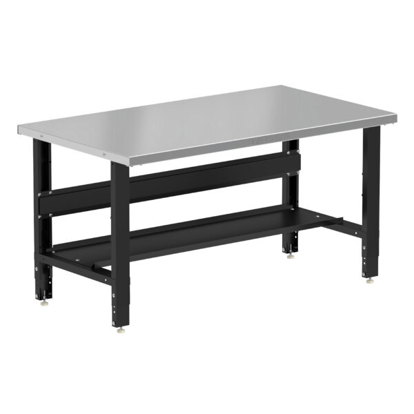 Borroughs Workbench Adjustable Height, Black 60" Wide Adjustable Height Workbenches with Stainless Steel Top with Bottom Shelf