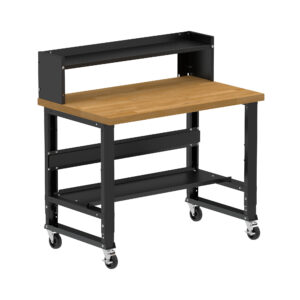Borroughs Workbench On Casters, Black 48" Wide Rolling Adjustable Height Workbench with Hardwood Top with Bottom Shelf, Ledge Shelf, and Casters