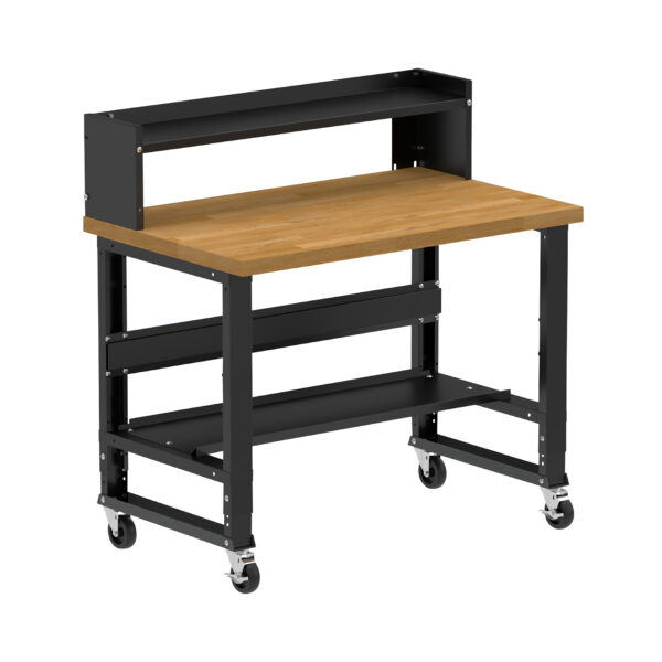 Borroughs Workbench On Casters, Black 48" Wide Rolling Adjustable Height Workbench with Hardwood Top with Bottom Shelf, Ledge Shelf, and Casters