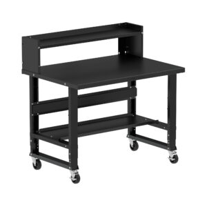 Borroughs Workbench On Casters, Black 48" Wide Rolling Adjustable Height Workbenches with Steel Painted Top with Bottom Shelf, Ledge Shelf, and Casters