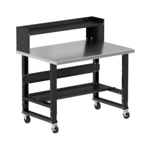 Borroughs Workbench On Casters, Black 48" Wide Rolling Adjustable Height Workbenches with Stainless Steel Top with Bottom Shelf, Ledge Shelf, and Casters