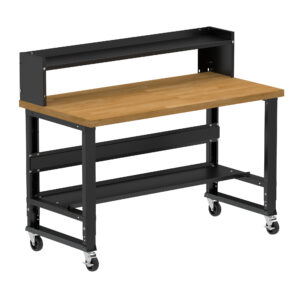 Borroughs Workbench On Casters. Black 60" Wide Rolling Adjustable Height Workbench with Hardwood Top with Bottom Shelf, Ledge Shelf, and Casters