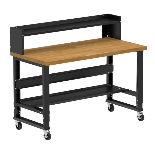 Borroughs Workbench On Casters. Black 60" Wide Rolling Adjustable Height Workbench with Hardwood Top with Bottom Shelf, Ledge Shelf, and Casters