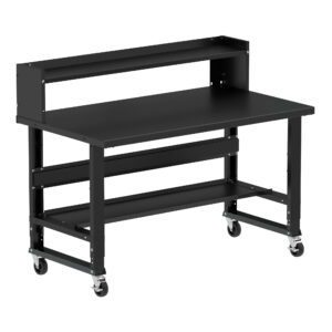 Borroughs Workbench On Casters, Black 60" Wide Rolling Adjustable Height Workbenches with Steel Painted Top with Bottom Shelf, Ledge Shelf, and Casters