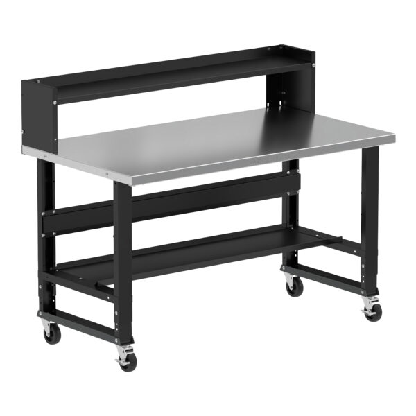 Borroughs Workbench On Casters, Black 60" Wide Rolling Adjustable Height Workbenches with Stainless Steel Top with Bottom Shelf, Ledge Shelf, and Casters