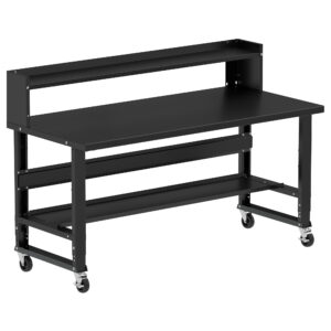 Borroughs Workbench On Casters, Black 72" Wide Rolling Adjustable Height Workbenches with Steel Painted Top with Bottom Shelf, Ledge Shelf, and Casters