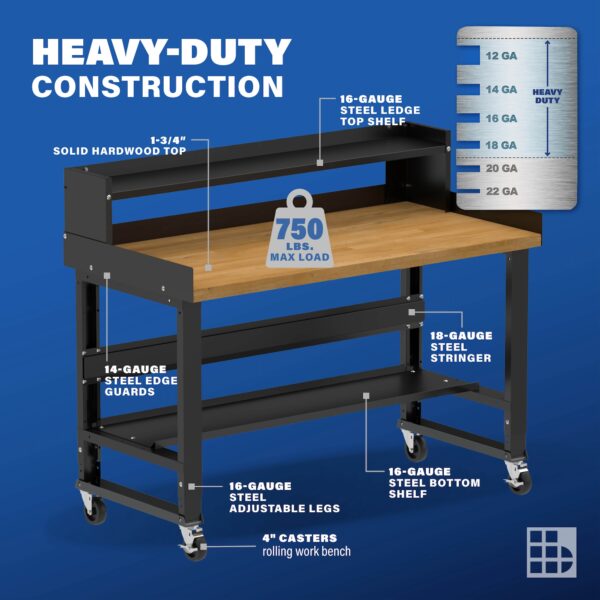 Image showcasing steel gauge details for a 60 inch wood top mobile Workbench