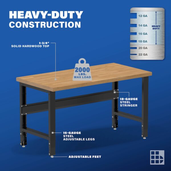 Image showcasing steel gauge details for a 60 inch wood workbench