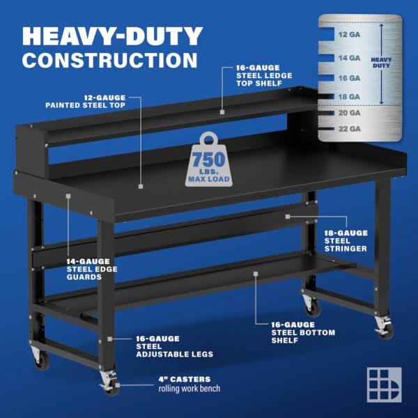 Image showcasing steel gauge details for a 72 inch Mobile Steel Workbench
