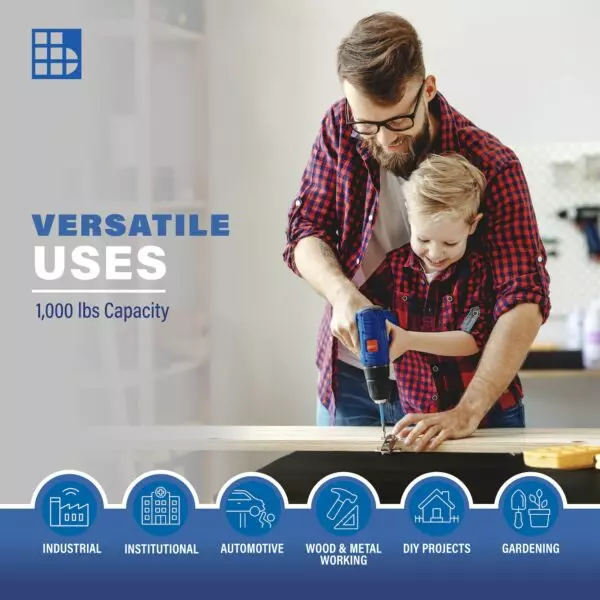 Image of father and son depicting versatile uses for a metal working workbench with a 1000 lb capacity