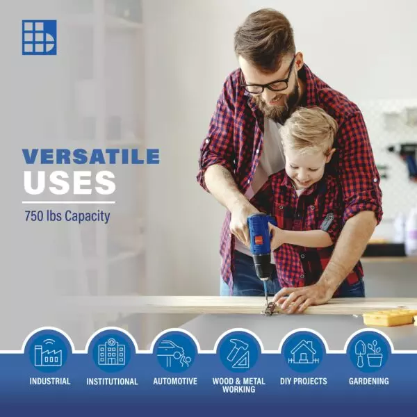 Image of father and son depicting versatile uses for an automotive workbench with a 750 lb capacity