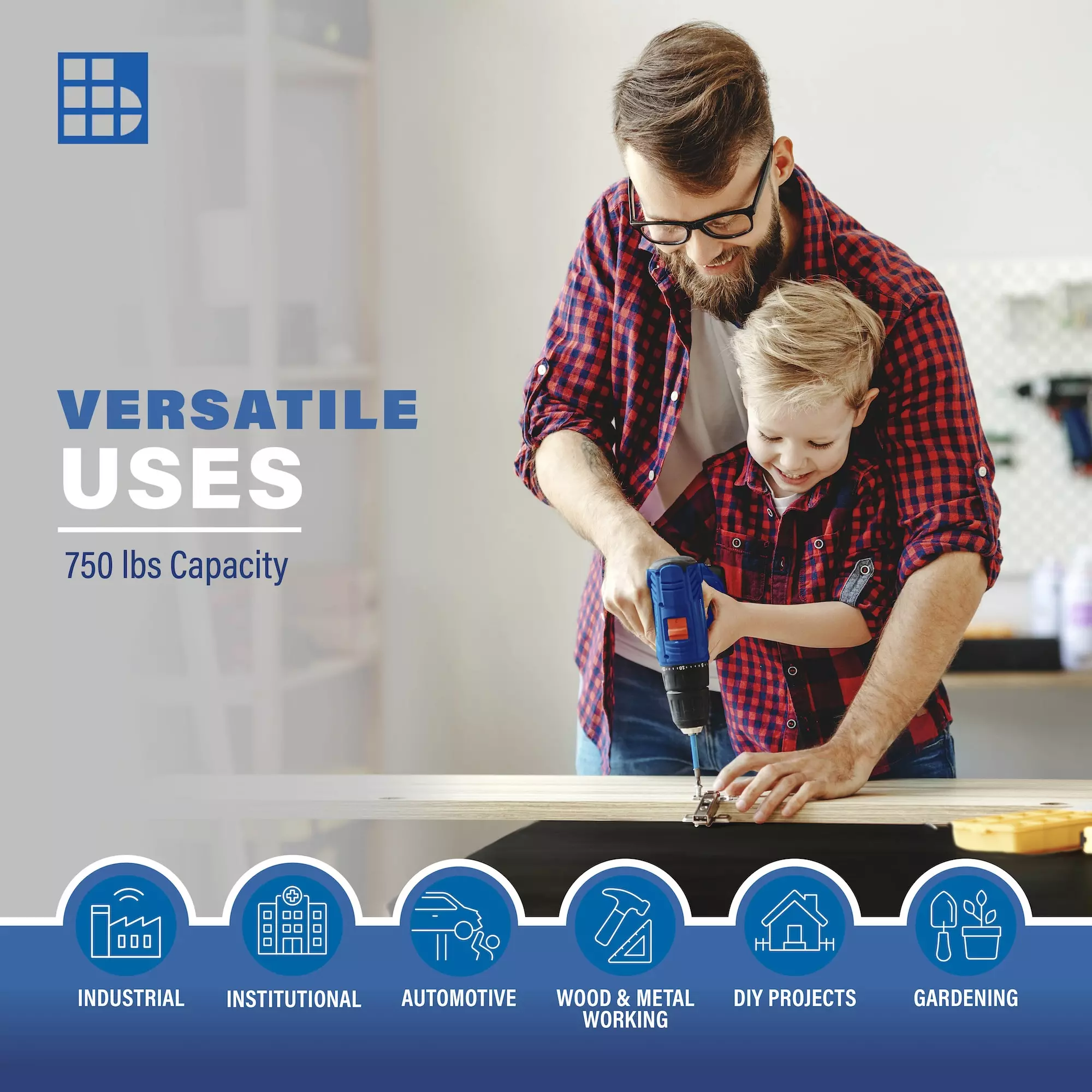 Image of father and son depicting versatile uses for a metal working workbench with a 750 lb capacity