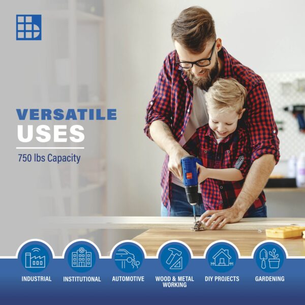 Image of father and son depicting versatile uses for a wood working workbench with a 750 lb capacity
