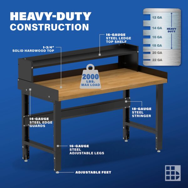 Image showcasing steel gauge details for a 60" Wide Adjustable Height Garage Wood Workbench