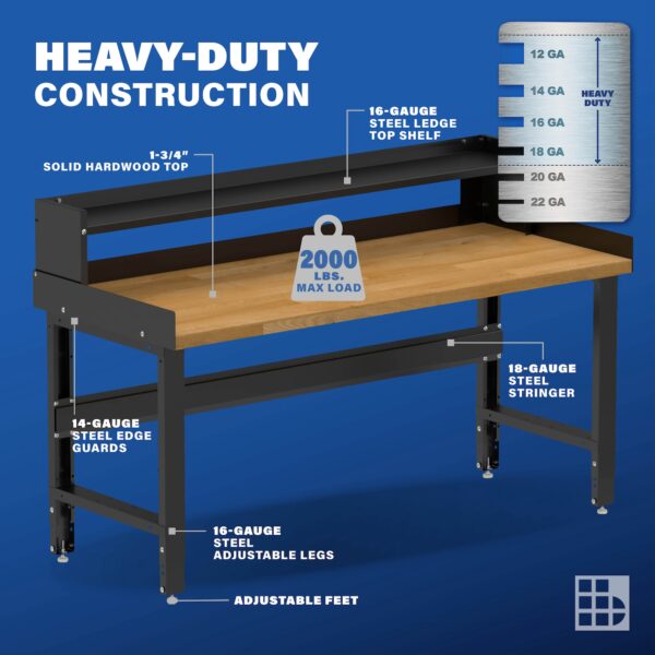 Image showcasing steel gauge details for a 72" Wide Adjustable Height Garage Wood Workbench